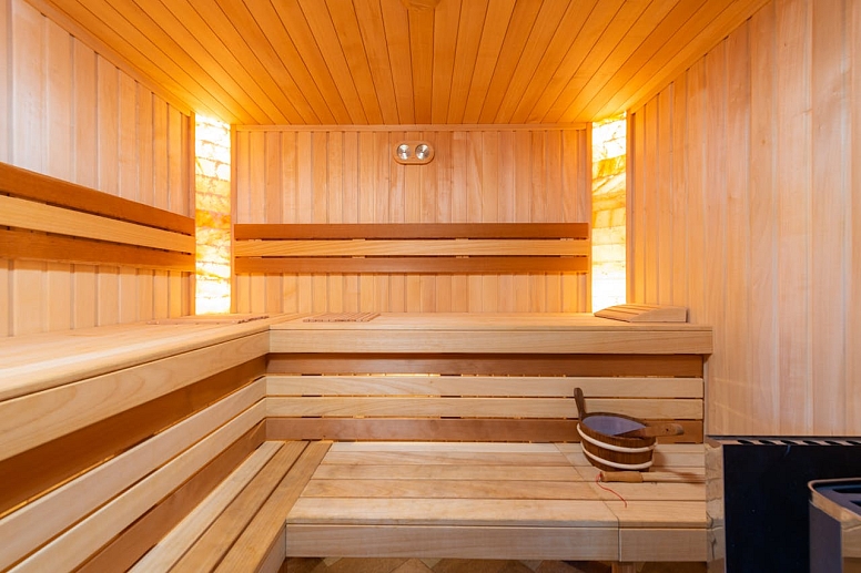 an empty wooden sauna