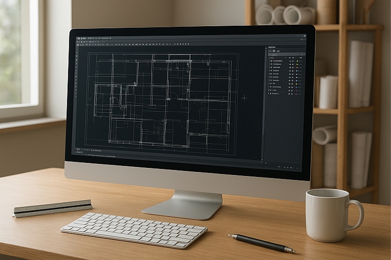architects workspace and digital blueprint