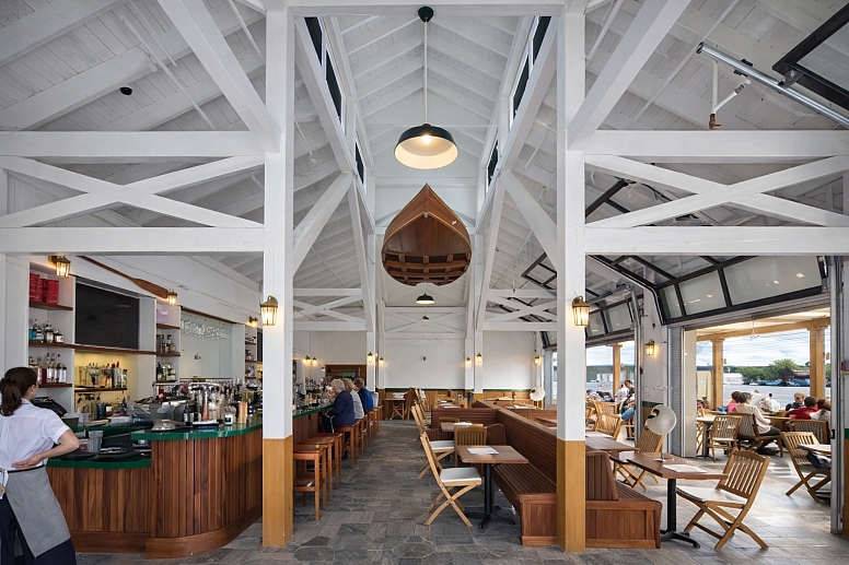 New Energy Works Lake House on Canandaigua timber frame restaurant interior.