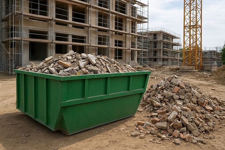 construction site with dumpster and crane