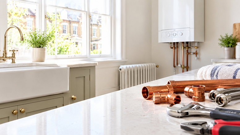 copper fittings in a bright period kitchen