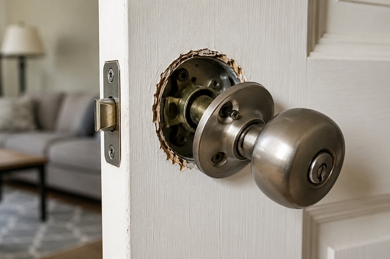 damaged doorknob on white door