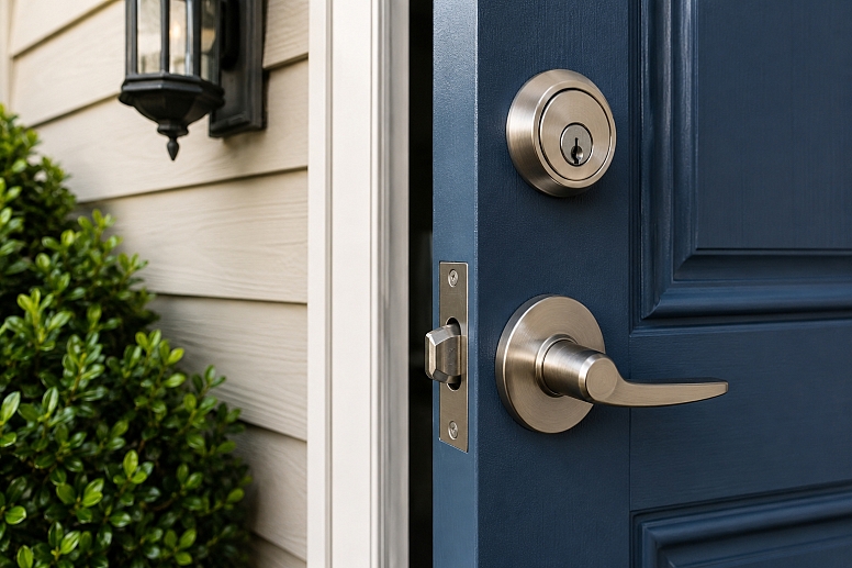 elegant blue door and brass handle