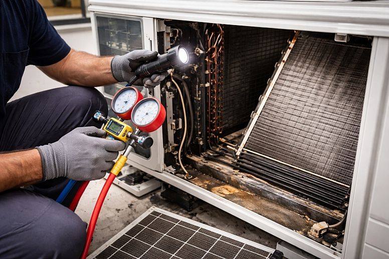 hvac technician inspects air conditioner unit