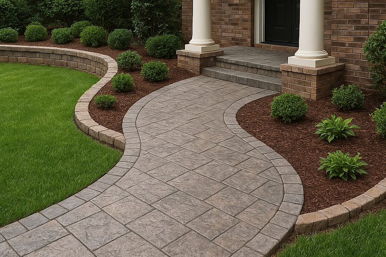 landscaped walkway to suburban home