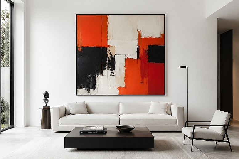 minimalist living room with bold artwork