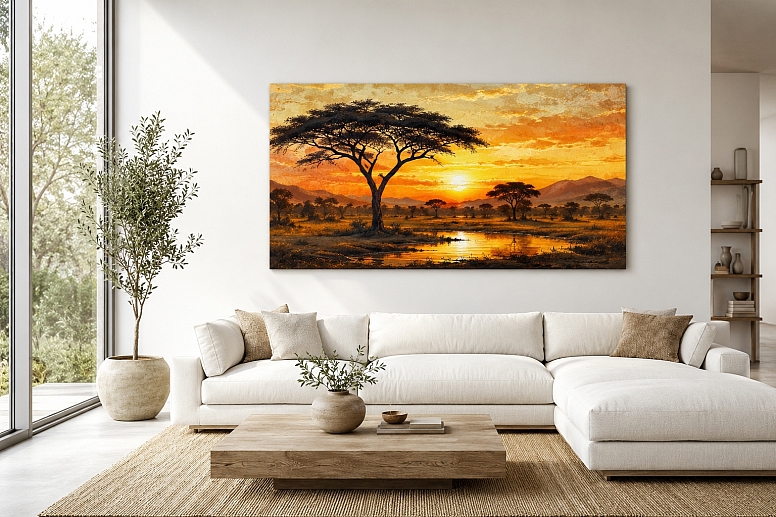 minimalist living room with sunset artwork