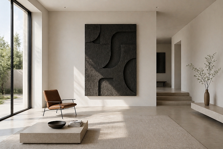 minimalist modern living space with sculpture