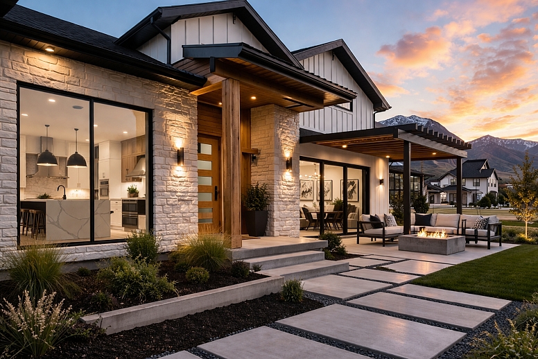 modern farmhouse at sunset herriman