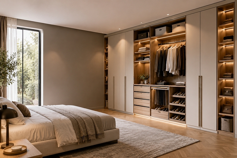 modern minimalist bedroom with warm built in wardrobe
