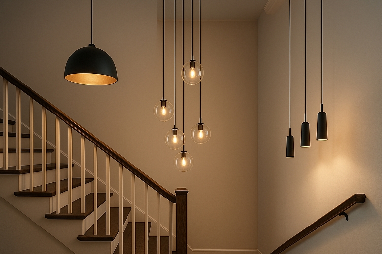 modern staircase with pendant lights
