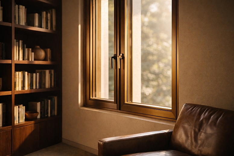 morning sunlight in a cosy library