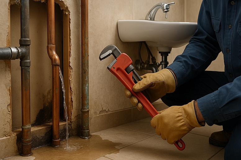 plumber fixing leaking copper pipe