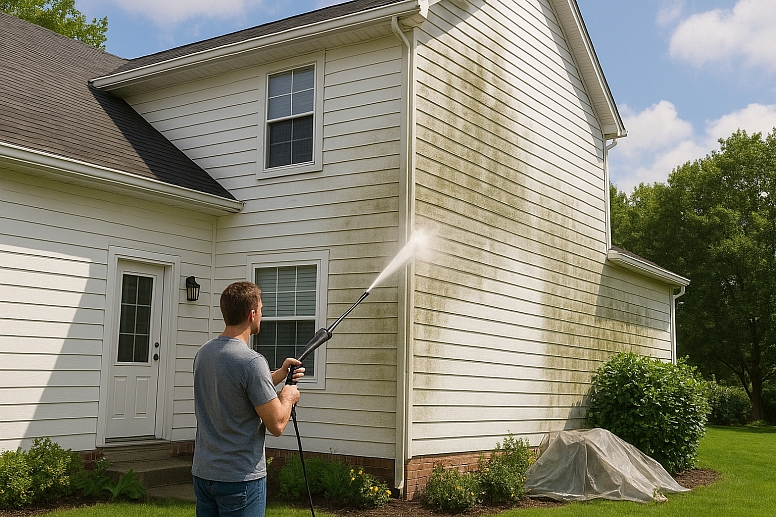 pressure washing a suburban home