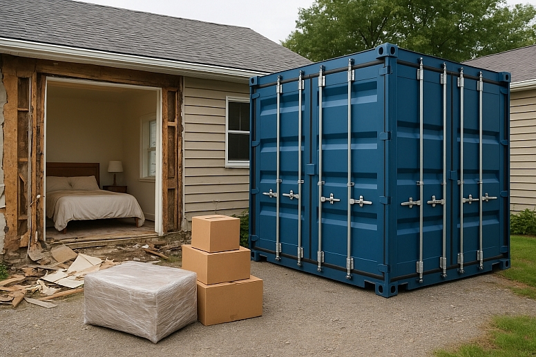 renovation in progress with shipping container