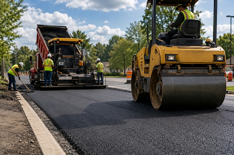 road paving in suburban construction zone