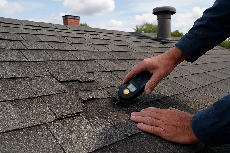 roofer inspects damaged asphalt shingle