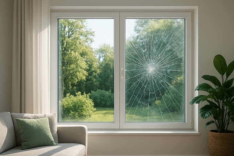 shattered glass and sunlit view