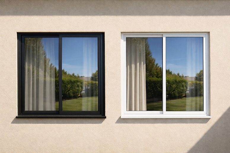 side by side windows with reflected garden