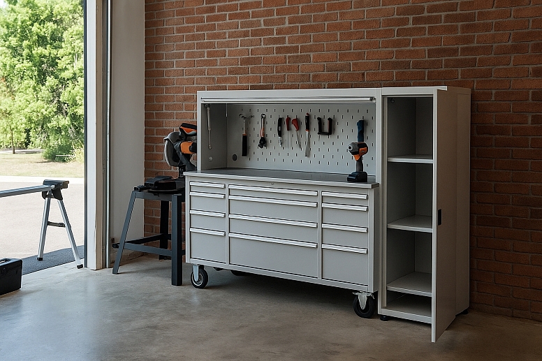 spacious workshop with open garage door