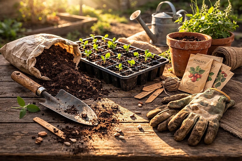 spring gardening in soft sunlight