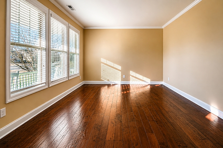 sunlit empty room with blinds shadows