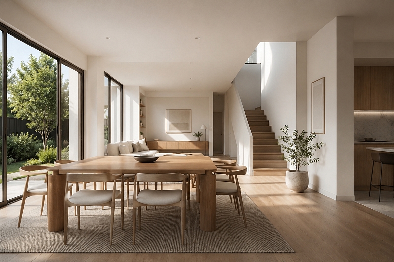 sunlit minimalist living and dining room