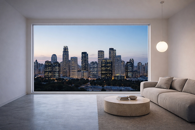 twilight city view from minimalist living room