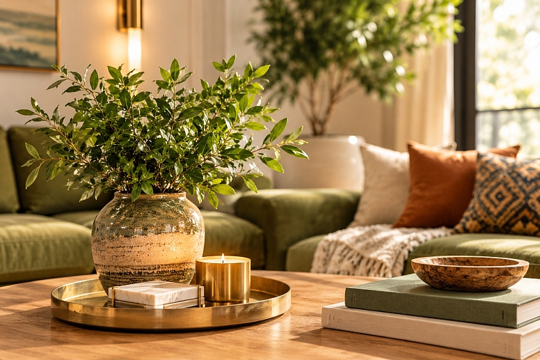 warm boho coffee table vignette