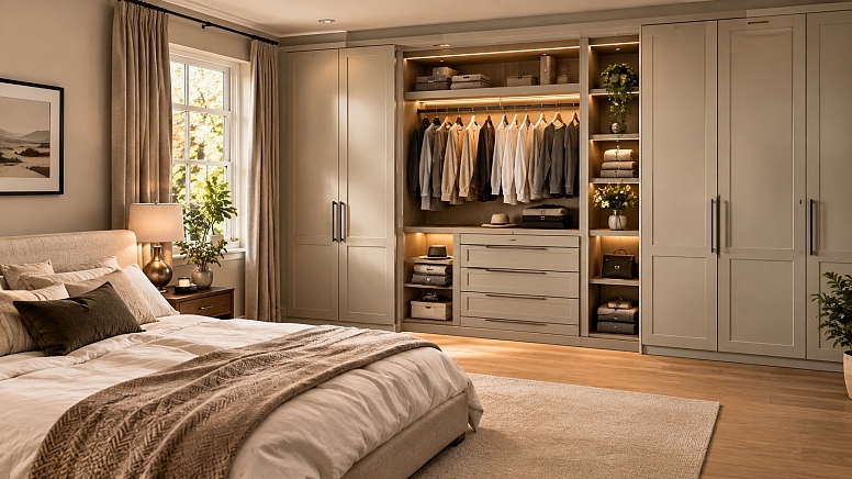 warm neutral bedroom with bespoke wardrobe