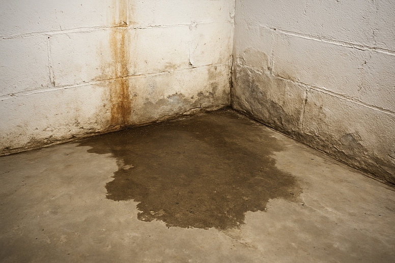 water damage in basement corner